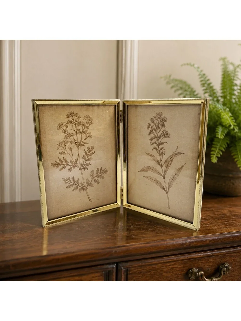 Vintage Gold Tone Hinged Double 5x7 Picture Frame Folding Tabletop